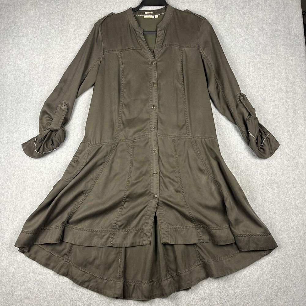 Holding Horses Dress Womens 2 Green/Brown Button Up Flare Knee Length L/S V Neck